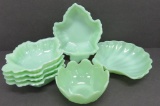 Assorted jadeite glass, 5 McKee leaf dishes 6