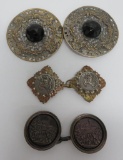 Three lovely vintage buckles, jeweled and scenes, 3 1/2