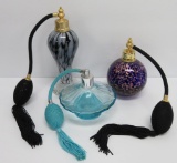 Three art glass perfume bottle atomizers, 3 1/2