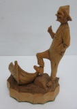 Signed fisherman wood carving, 5 1/2