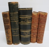 Five old leather bound books, Medical, musical and Irvings works