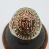 Heavy Native American themed men's ring, size 8 1/4, two tone