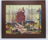 1932 Oil on Board, Rockport Mass, Stone's Wharf by Waldo Peart, framed 30 3/4