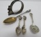Sterling Bunny napkin ring, two sterling spoon pins, Native Am and Strafsburg collector spoons