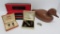 Vintage cuff link sets, Avon duck dresser box and Elgin travel clock/box
