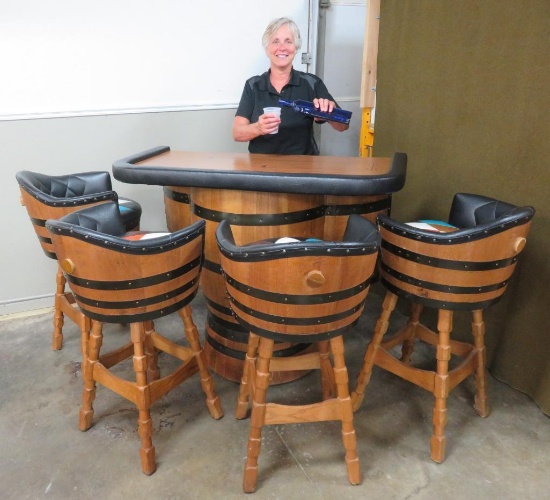 Fabulous Brothers Co. 1960's Whiskey Barrel furniture, bar & 4 stools, black with harlequin pattern