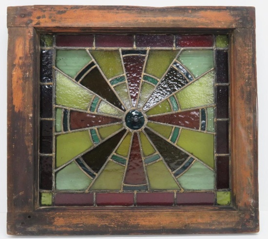 Wood framed fantastic leaded glass window, windmill design, 21 3/4" x 20"