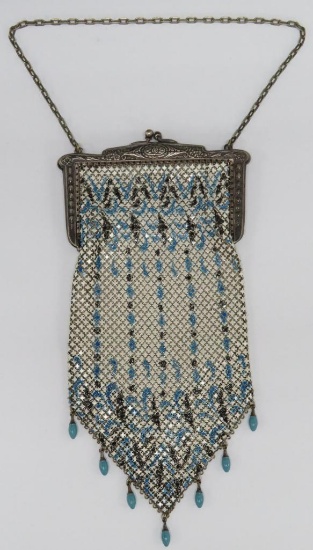 Mandalian enameled mesh purse, blue and black with blue beaded trim