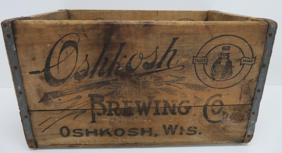 Oshkosh Brewing Co wooden beer box, Native American portrait, 18" x 12", 10 1/2" tall