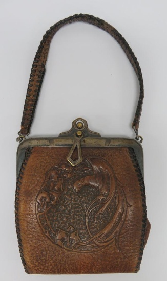 Jem Co Art Deco leather purse, parrot, 6" without handle