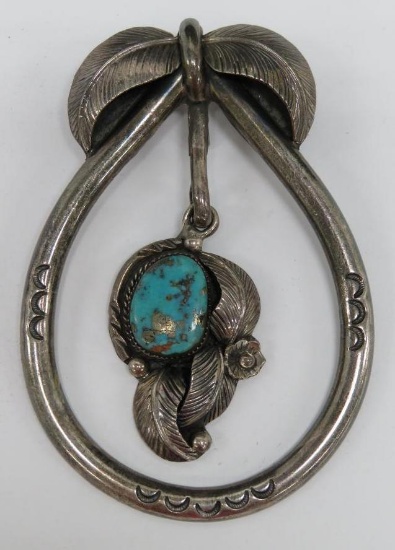 Turquoise pendant, marked with MLS and running horse hallmark, 3"