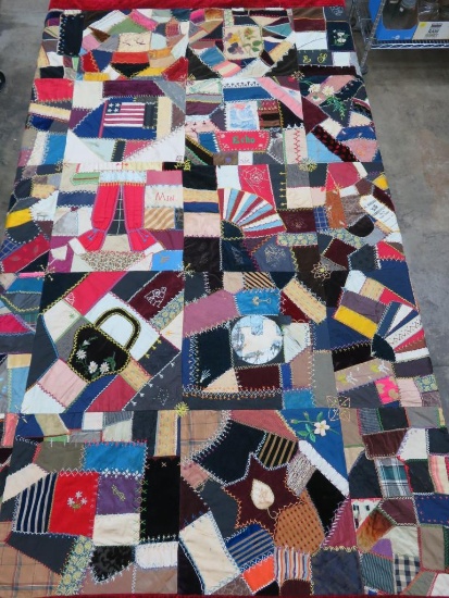 Wonderful period Crazy Quilt with an American Flag, lovely embroidered designs and painting, 64" x 7
