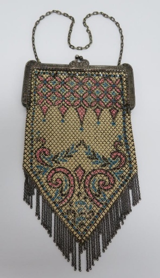 Lovely Mandalian enameled mesh purse, blue and pink with metal fringe, 8"