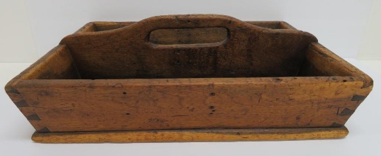 Primitive dovetailed silverware box, divided wood box, 17" x 12 1/2"