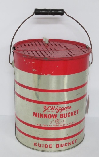 JC Higgins Minnow Bucket, red and silver, Guide Bucket, 11 1/2" tall