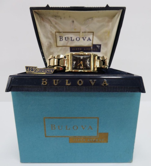 14 kt gold Bulova wrist watch, 21 jewel, 7AK, diamonds, with Bulova boxes