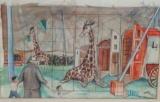 Circus watercolor, framed 25 1/2