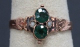 14 kt rose gold ring with possible emeralds and pearl, size 8 3/4