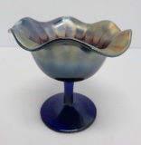 Fenton stippled rays Carnival Glass compote, blue