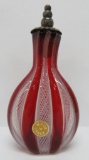 Murano art glass flask perfume bottle,red and white, 4 1/4