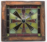 Wood framed fantastic leaded glass window, windmill design, 21 3/4