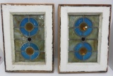 Pair of very nice leaded and jeweled stained glass windows, wooden frames, 16