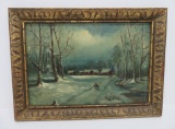 Antique oil on board, winter scene, framed 21