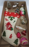 Vintage Christmas, felt stocking, bulbs, bottle brush tree and ornaments
