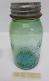 Perfect Mason Ball Jar, quart, aqua with amber swirls