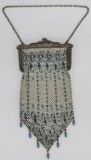 Mandalian enameled mesh purse, blue and black with blue beaded trim