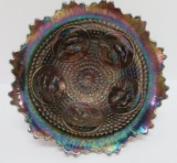 Fenton Horse Medallion footed bowl, cobalt blue, 6 1/2
