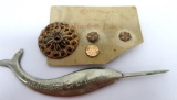 Whale Art Co punch needle and four antique buttons