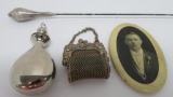 Hat pin, portrait pocket mirror, perfume and mini coin purse (mesh)
