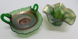 Two green carnival glass bowls