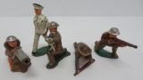 Five vintage metal toy soldiers, Manoil Barclay style