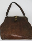 1920's leather hand bag, purse with wild flower design