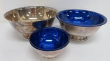 Three Deco style Gorham bowls, two with cobalt plastic inserts