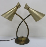 Mid Century Modern Double Gooseneck brass tone lamp, working, 20