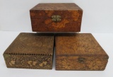 Three Flemish Art pyrography boxes, fruit and floral