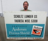 Schultz Lumber Co metal advertising sign, Anderson Windows, 45