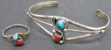 Sterling bracelet, turquoise and coral with size 8 1/2 ring