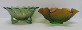 Two Northwood carnival glass bowls, green, Bulls eye and Leaves & Beads