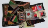 Antique feather stitched crazy quilt and other quilt pieces