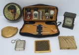 Vanity lot, compacts, clock, powder tin and Cutex manicure set
