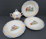 Germany children's dishes, plates and covered sugar bowl, Cats