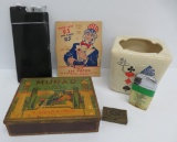 Smoking lot, lighters, cigarette tin, and Uncle Sam informational promo piece