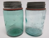 Two Mason pint jars, Ball Mason (missing s and o) & 1858