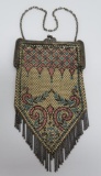 Lovely Mandalian enameled mesh purse, blue and pink with metal fringe, 8