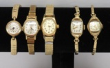 Five vintage ladies wrist watches, Elgin, Bulova, Jubilee and Timex