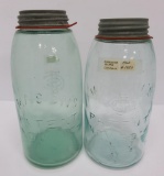 Two Consolidated Glass Company Mason Jars, aqua, and green 1/2 gallon